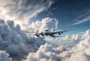 Fototapeta premium Plane navigating through a series of layered clouds, aerodynamics, cloud formations, wind currents