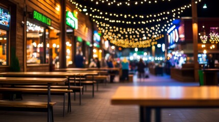 Cozy evening atmosphere at a vibrant outdoor dining area with string light and bustling patrons