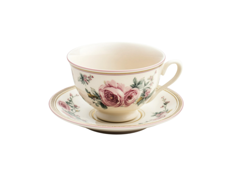 A delicate porcelain cup with a floral design, accompanied by a matching saucer.