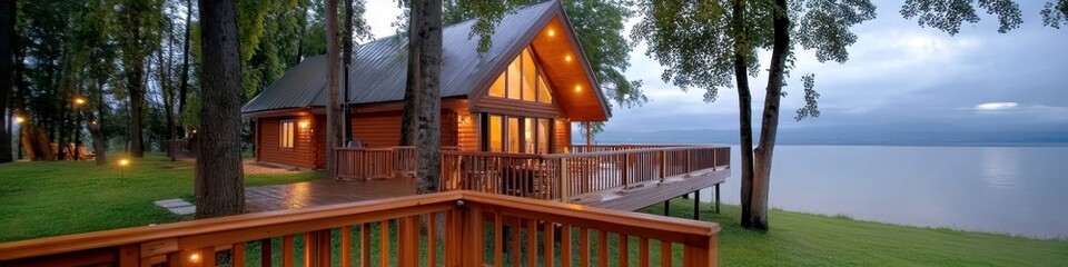 Fototapeta premium Lakeshore Cabin With Wooden Deck And Scenic View