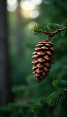Pine cone gently swaying on Christmas tree branch, forest, branch