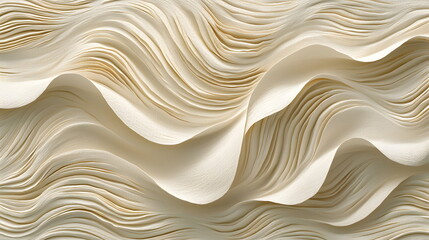 Fototapeta premium Curved layers of textured cream paper creating an abstract wavy pattern background.
