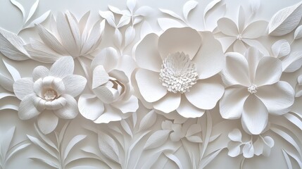 Elegant White Floral Artwork in Paper Cut Design with Diverse Flowers