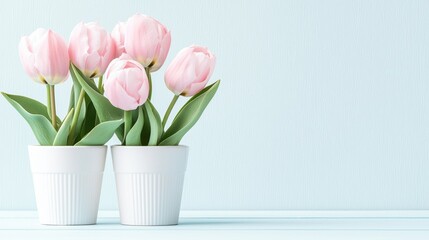 Fototapeta premium Adorable Potted Flowers in a Pastel Cozy Setup. Pink tulips in white pots against a soft background.