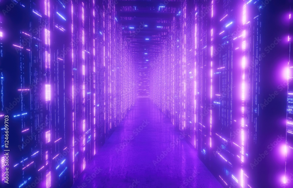 Poster a futuristic corridor with glowing purple and blue lights resembling a digital data center or virtua