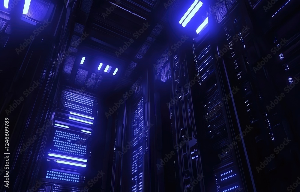 Poster A dark futuristic server room with glowing blue lights illuminating intricate server racks, creating a high-tech and cybernetic atmosphere. Ideal for technology and data visualization projects
