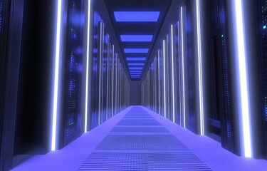 A futuristic server room featuring rows of glowing racks illuminated by blue lights, creating a high-tech, modern ambiance. Perfect for showcasing technology, data centers, and innovation theme