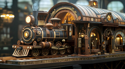 Naklejka premium steampunk railway with a steam-powered train crossing a paper bridge over a mechanical river 
