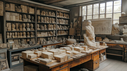 Ancient Artifacts and Sculptures in an Archaeological Workshop