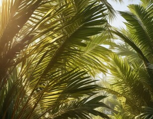 Obraz premium Palm fronds sway gently in warm sunlight filtering through the leaves, tropical forest, natural light, outdoor scene