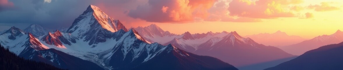 Obraz premium Golden light crests jagged peaks, painting sky vibrant hues, color, breathtaking, clouds