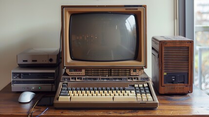 Fototapeta premium Unraveling the Nostalgic Charm of a Bulky Old Computer: A Relic of Early Computing Technology