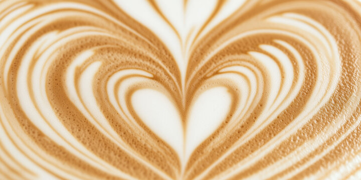closeup of soft velvet dreamy creamy latte art with intricate patterns, showcasing textures in the coffee foam and milk swirls around the heart-shaped design for lovers, valentine's day coffee date