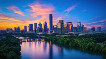 Fototapeta premium Vibrant Sunset Over Austin Skyline Reflected in Tranquil Water