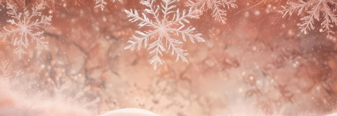 Soft peach and blush hues with delicate snowflakes on a starry abstract Christmas background, subtle shades, romantic winter scene, ethereal elegance
