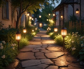 Softly glowing lanterns in a garden path or walkway on a warm summer evening, serene atmosphere, natural beauty, calming ambiance
