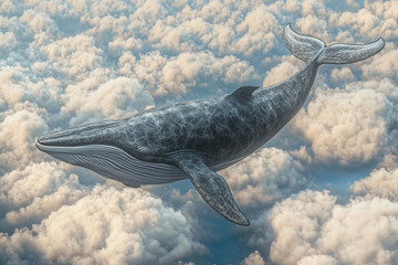 Majestic flying whale glides effortlessly among fluffy white clouds in a breathtaking sky