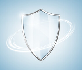 3D transparent glass protection shield with white glowing effect. Protective shield isolated on blue background. Safeguard sign. Security concept. Vector illustration