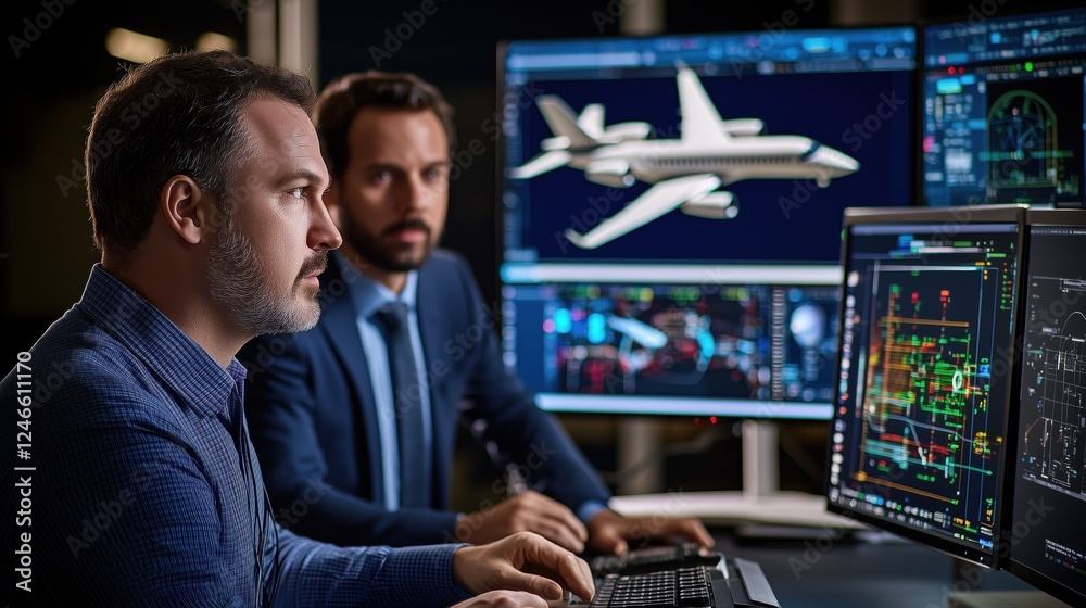 Poster focused engineers collaborating with advanced technology on aircraft design and development in a mod