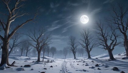 Snowy winter landscape with bare trees and a bright full moon in the sky , frozen lake, snowy woods, moonlight
