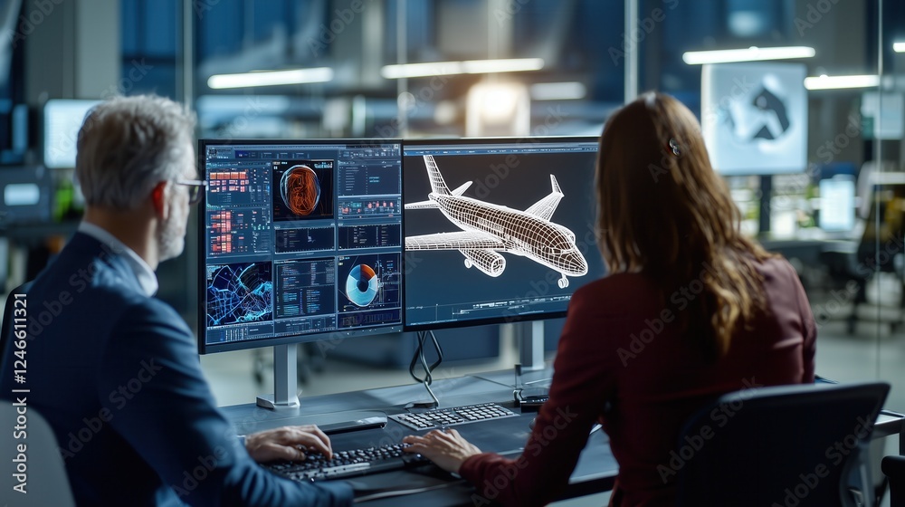 Fototapete Engineers Analyzing Aircraft Design with Computer Graphics in Modern Workspace Setting