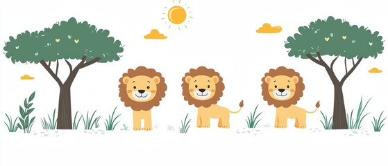 Fototapeta premium Cute Cartoon Vector Illustration of Lions in a Savanna Setting with Trees and Sunlight