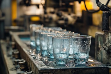 A glass factory scene showcasing the process of forming drinking glasses.