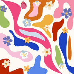 Springtime retro vector background. Flower abstract shape doodle art design for print, wallpaper, clipart, wall art for home decoration. Blooming season