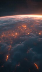 Fototapeta premium City lights glow beneath clouds at sunset viewed from space