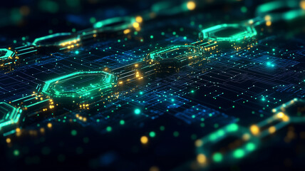 futuristic digital landscape showcasing blockchain network with glowing nodes and interconnected lines, symbolizing technology and innovation