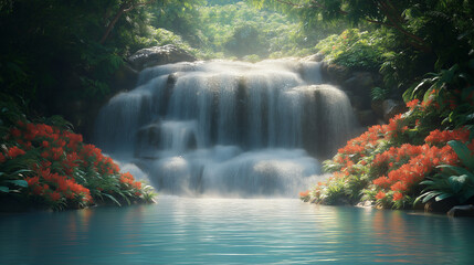 Serene Waterfall Surrounded by Lush Greenery and Blooming Flowers