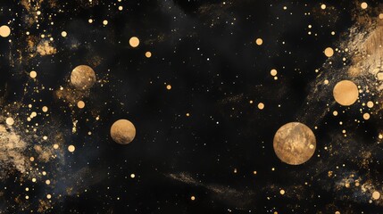 Cosmic patterns with black and gold elements depicting planets and stars in a stellar landscape