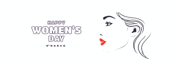 Happy women's day greeting or wishes card social media banner or poster design with woman side face vector illustration silhouette, women's rights, equality, girls, template, horizontal, celebration