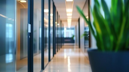 Modern office hallway with glass partitions, plants, and soft lighting creating a professional atmosphere
