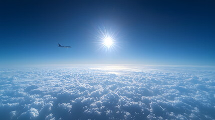 Fototapeta premium Airplane flying above fluffy clouds under bright sun in clear blue sky atmosphere