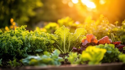 Fresh Green Vegetables in Garden During Sunrise with Beautiful Light