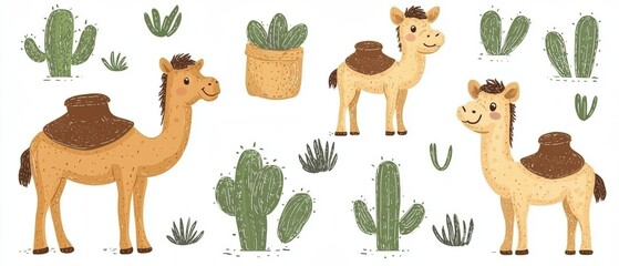 Fototapeta premium Cute Cartoon Camel and Cactus Vector Illustration Set in Desert Style for Playful Designs and Creative Projects