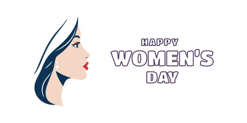 Happy women's day greeting or wishes card social media banner or poster design with woman side face vector illustration silhouette, women's rights, equality, girls, template, horizontal, celebration