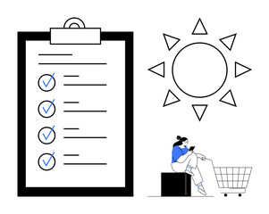 Checklist clipboard with ticked tasks, stylized sun, seated person using phone, shopping cart. Ideal for productivity, to-do lists, planning, time management, shopping digital interaction