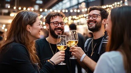 Group of Friends Celebrating with Drinks and Laughter at a Stylish Event with Warm Lighting and Joyful Atmosphere in Modern Setting