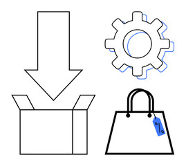 Shopping bag with sale tag, gear, open box, and downward arrow in minimalist line art style. Ideal for e-commerce, retail, logistics, technology, shopping discounts digital marketing concepts