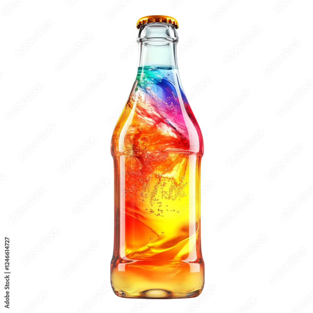 Poster A glass bottle filled with a vibrant rainbow-swirled soda creating a visually appealing and refreshing image.