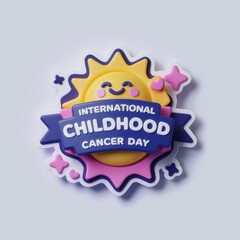International Childhood Cancer Day badge with cheerful sun and vibrant colors
