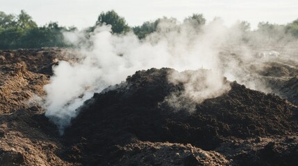 Steam Rising from Freshly Turned Soil in Agricultural Field
