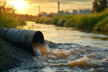 Sewage discharge from a pipe into a river. Dumping of industrial waste into a clean river. Environment and Climate changes