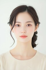 Fototapeta premium Elegant Young Woman in Soft Pastel Dress with Natural Makeup
