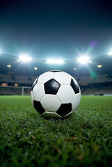Fototapeta premium Soccer ball positioned in a well-lit stadium with bright lights illuminating the grassy field during a nighttime match