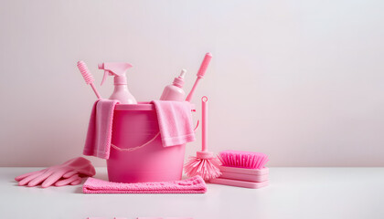 All-pink cleaning supplies, bucket, spray bottle, brushes, gloves, cloths on white table, light pink wall.