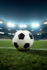 Fototapeta premium Soccer ball positioned in a well-lit stadium with bright lights illuminating the grassy field during a nighttime match