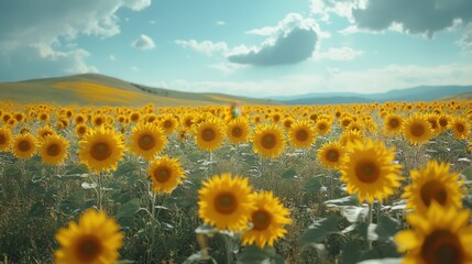 Fototapeta premium Beautiful field of sunflowers under blue sky